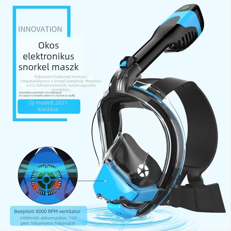 Sznorkelmaszk intelligens friss levegő rendszerrel, szilikon + PC kivitel, HD látás, párásodás elleni védelem és dugulás elleni védelem