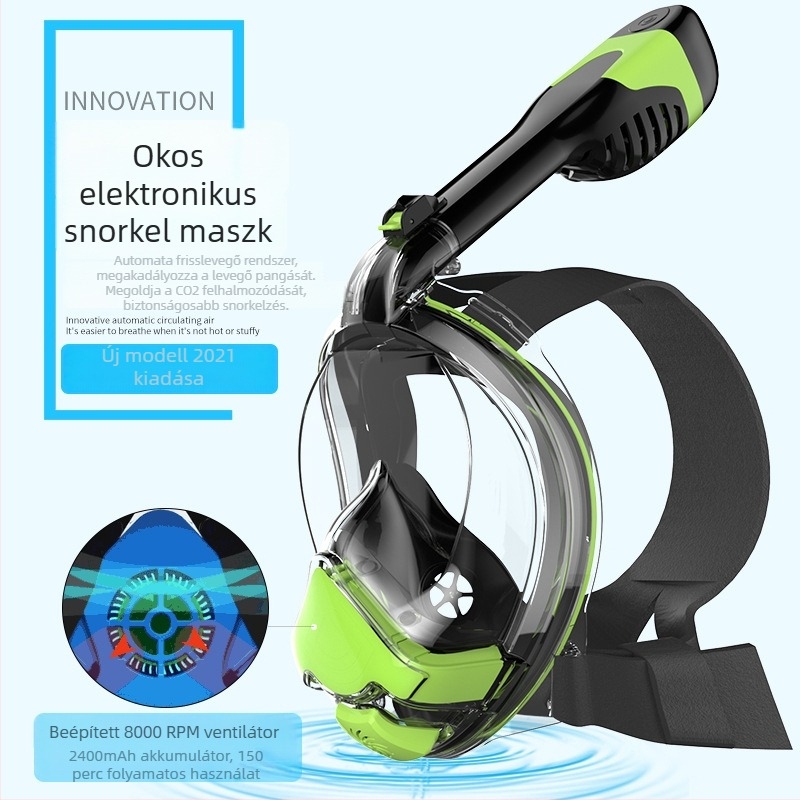 Sznorkelmaszk intelligens friss levegő rendszerrel, szilikon + PC kivitel, HD látás, párásodás elleni védelem és dugulás elleni védelem