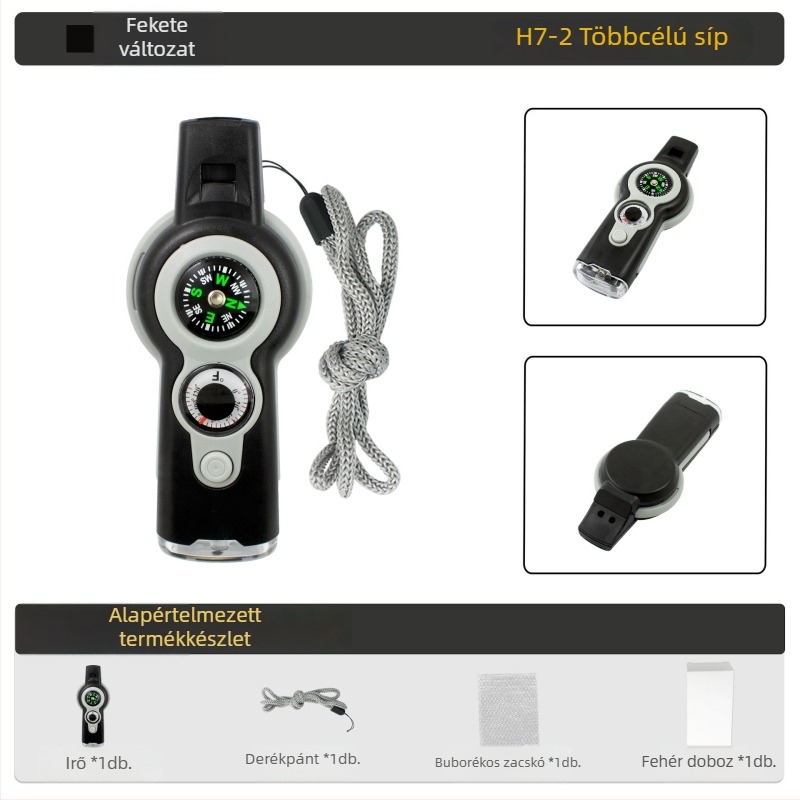 7-in-1 túlélő síp LED-del, iránytű, hőmérő — ABS anyag