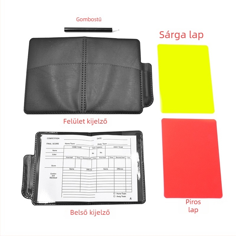 Futballbíró piros–sárga kártyakészlet tollal (PVC) — 500 db, futball, kosárlabda, tollaslabda, röplabda; eredményjelző tábla