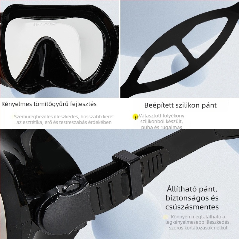 Nagy keretű búvármaszk, széles látómező, integrált lencsével – OCORT M1018S, edzett üveg, PP keret, folyékony szilikon, kültéri snorkelzéshez