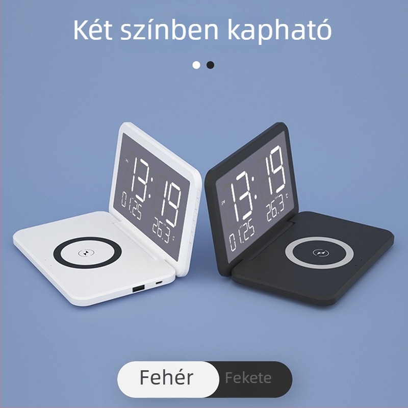 Műanyagból készült hajtogatható vezeték nélküli töltésű ébresztőóra, 15W, kétoldalas LED kijelző, örök naptár