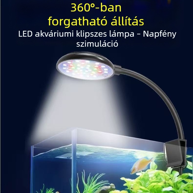 LED akváriumvilágítás, kompakt klipszes lámpa, vízálló, energiatakarékos, növények és dekoráció, három színmód