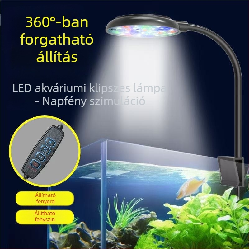 LED akváriumvilágítás, kompakt klipszes lámpa, vízálló, energiatakarékos, növények és dekoráció, három színmód