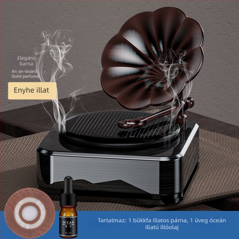 Gramofon-stílusú autó aromaterápiás dísz – cinkötvözet, ülésparfüm, Ocean Wood illat, 360 g, illat 90 napnál tovább tart