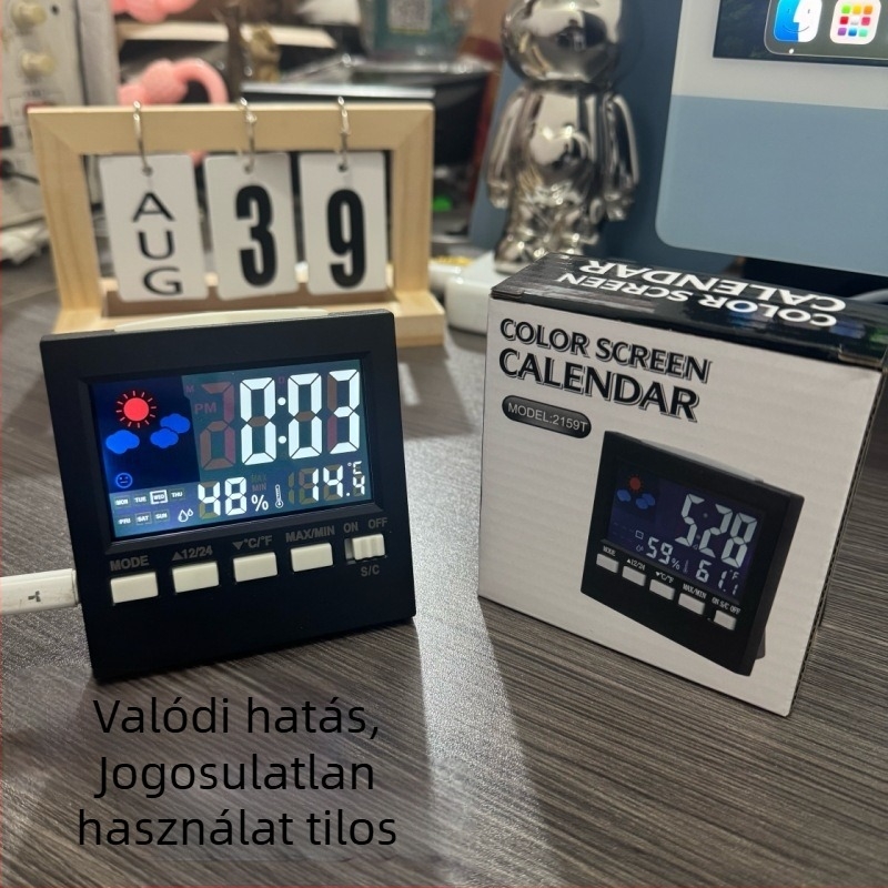 Óra örök naptárral, ébresztő, hőmérő és nedvességmérő, 24 órás kijelző, LED háttérvilágítás, színes kijelző