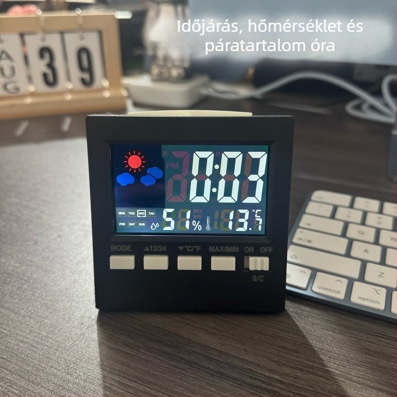 Óra örök naptárral, ébresztő, hőmérő és nedvességmérő, 24 órás kijelző, LED háttérvilágítás, színes kijelző