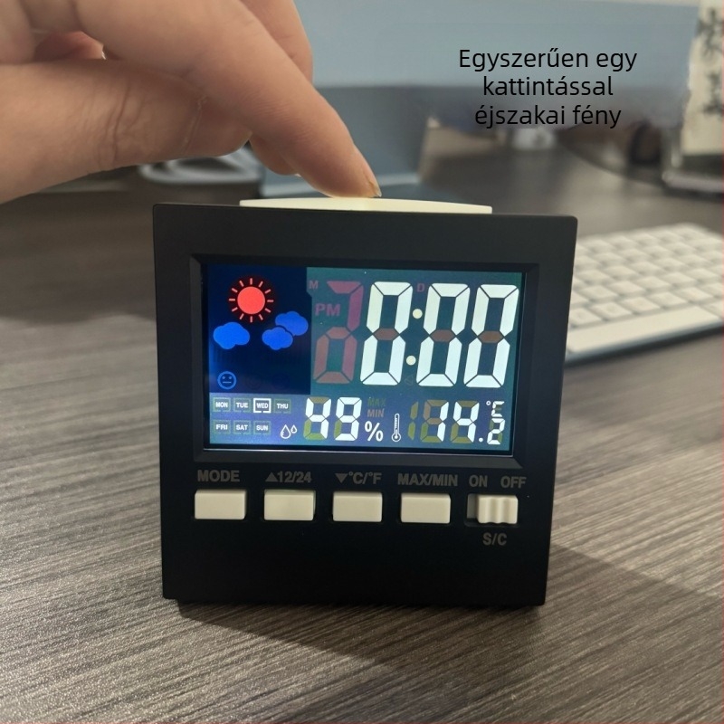 Óra örök naptárral, ébresztő, hőmérő és nedvességmérő, 24 órás kijelző, LED háttérvilágítás, színes kijelző