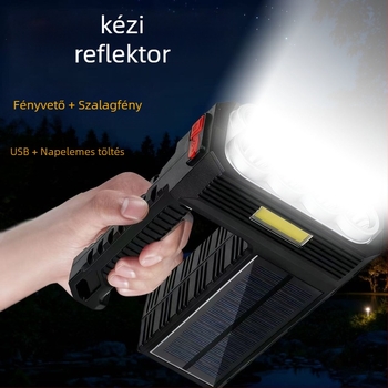 Kültéri zseblámpa napelemes és kézi töltéssel, 1200mAh akkumulátor, LED, hatótáv 100–200 m