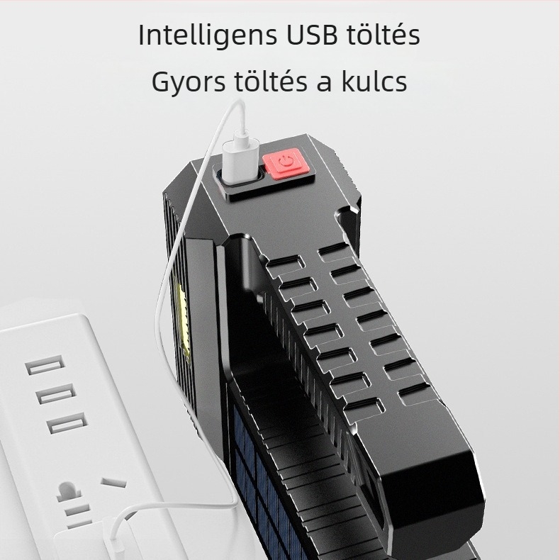 Kültéri zseblámpa napelemes és kézi töltéssel, 1200mAh akkumulátor, LED, hatótáv 100–200 m