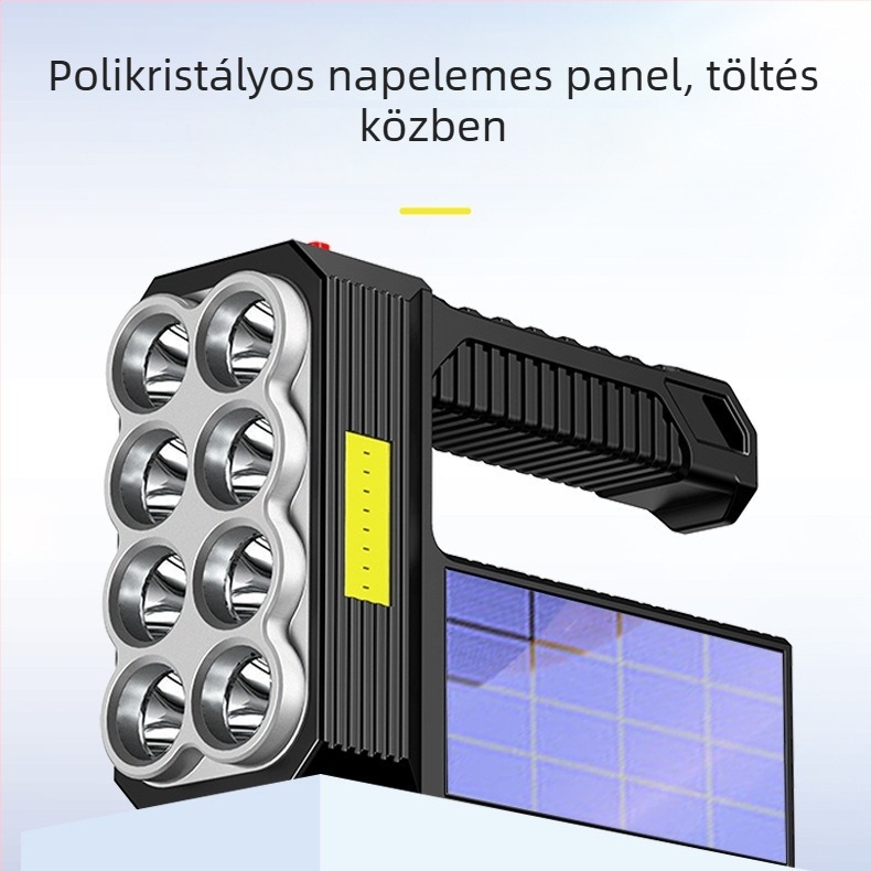 Kültéri zseblámpa napelemes és kézi töltéssel, 1200mAh akkumulátor, LED, hatótáv 100–200 m