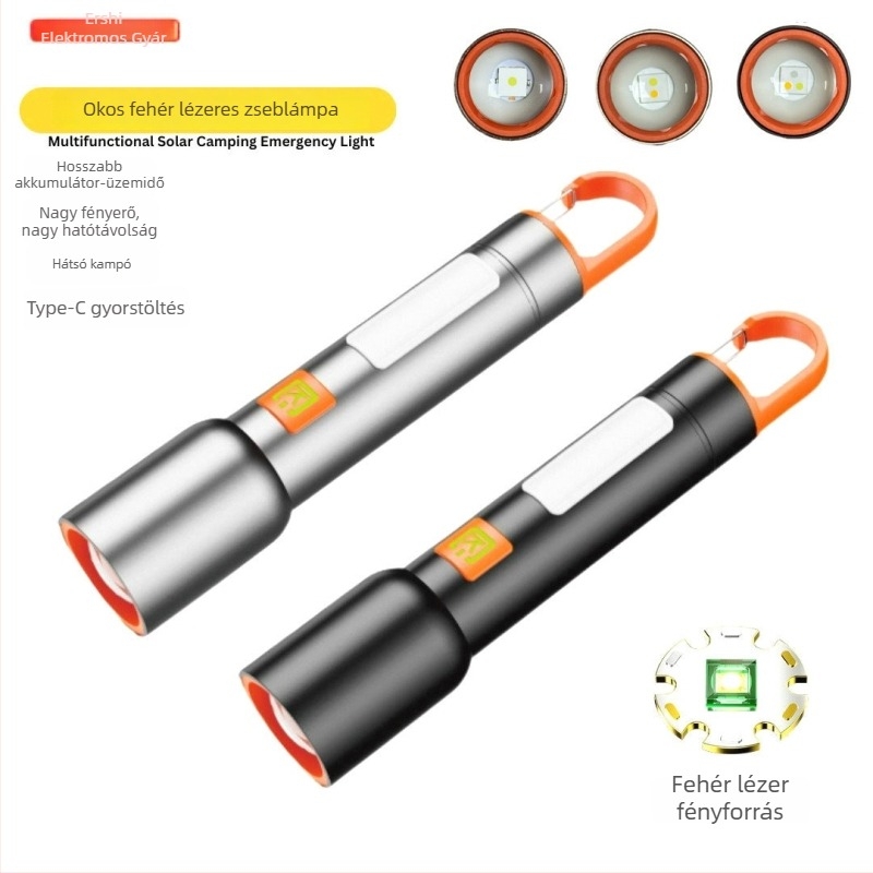 USB-s töltésű LED zseblámpa teleszkópos fókuszszal, COB oldalsó fénnyel, 360°-os forgás, kempinglámpa felakasztható