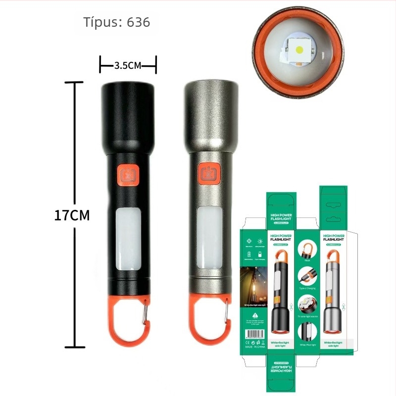 USB-s töltésű LED zseblámpa teleszkópos fókuszszal, COB oldalsó fénnyel, 360°-os forgás, kempinglámpa felakasztható