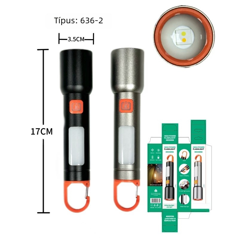USB-s töltésű LED zseblámpa teleszkópos fókuszszal, COB oldalsó fénnyel, 360°-os forgás, kempinglámpa felakasztható