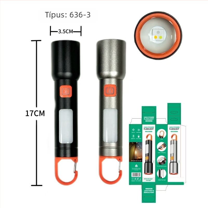 USB-s töltésű LED zseblámpa teleszkópos fókuszszal, COB oldalsó fénnyel, 360°-os forgás, kempinglámpa felakasztható