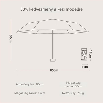 Napsütés- és esőhasználatú esernyő, megerősített hatszögletű bordázat, manuális nyitás-zárás, UPF >50, testreszabható.