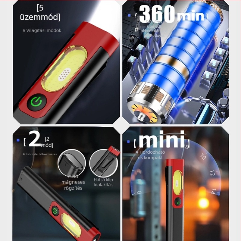 Zseblámpa COB LED-del, COB fényforrás, 5W, 300mAh akkumulátor, alumíniumötvözet test, max. 50 m hatótávolság