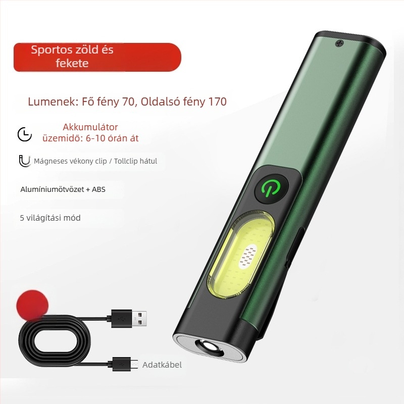 Zseblámpa COB LED-del, COB fényforrás, 5W, 300mAh akkumulátor, alumíniumötvözet test, max. 50 m hatótávolság