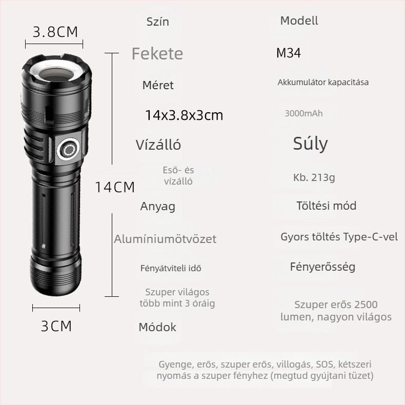 Többcélú taktikai zseblámpa optikai zoommal és energiabank funkcióval – vízálló, 10W LED, hatótáv 100–200 m, 21700-es 3000 mAh akkumulátor, töltő a csomagban