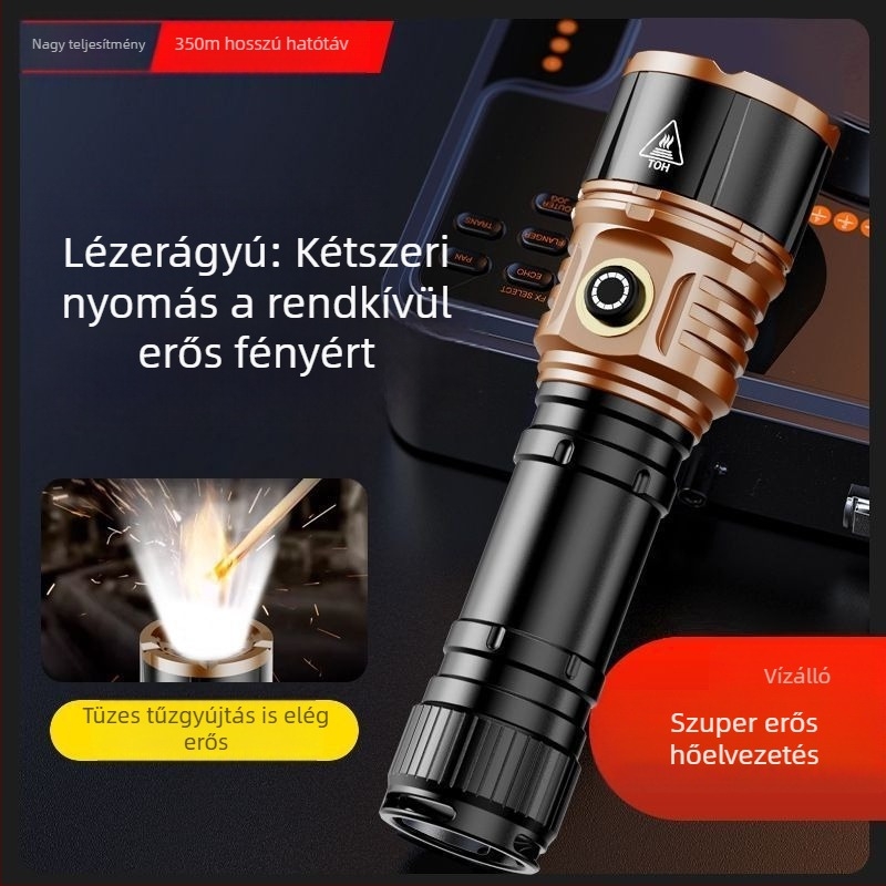 Többcélú taktikai zseblámpa optikai zoommal és energiabank funkcióval – vízálló, 10W LED, hatótáv 100–200 m, 21700-es 3000 mAh akkumulátor, töltő a csomagban