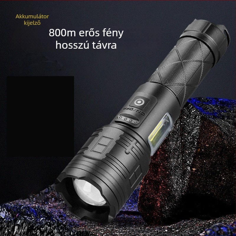 LED elemlámpa optikai zoommal, USB töltésű, 30W teljesítmény, alumínium ötvözet test, 200–500 m hatótávolság