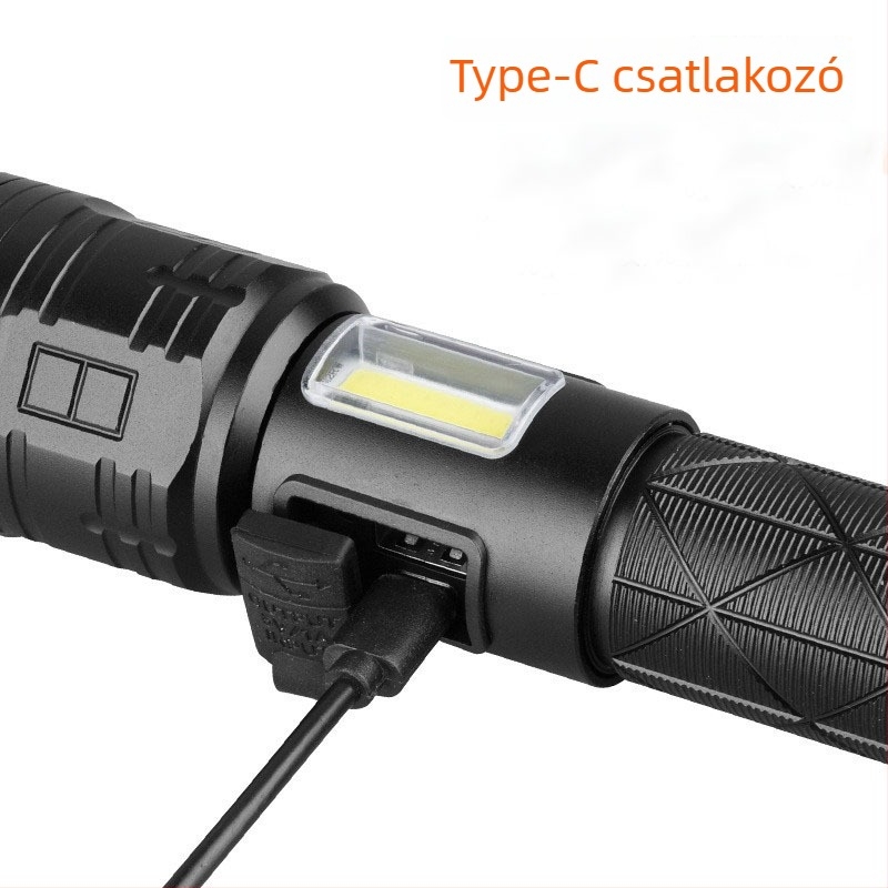 LED elemlámpa optikai zoommal, USB töltésű, 30W teljesítmény, alumínium ötvözet test, 200–500 m hatótávolság