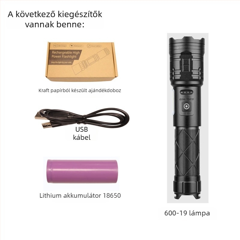 LED elemlámpa optikai zoommal, USB töltésű, 30W teljesítmény, alumínium ötvözet test, 200–500 m hatótávolság