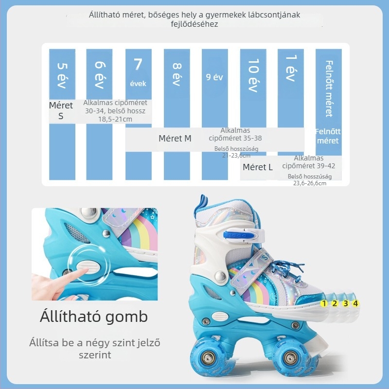Gyerek görkorcsolya kezdőknek – fiúk és lányok számára, négy kerék, dupla sor, PVC felsőrész, talp 20213