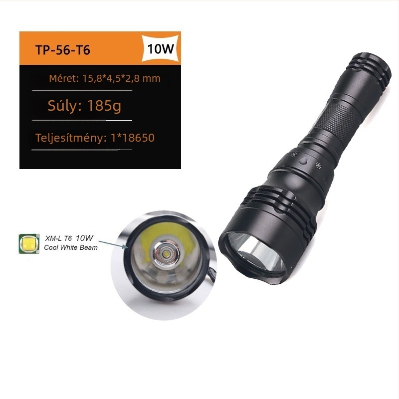 LED búvárlámpa, újratölthető, alumíniumötvözetből készült test, hosszú üzemidő