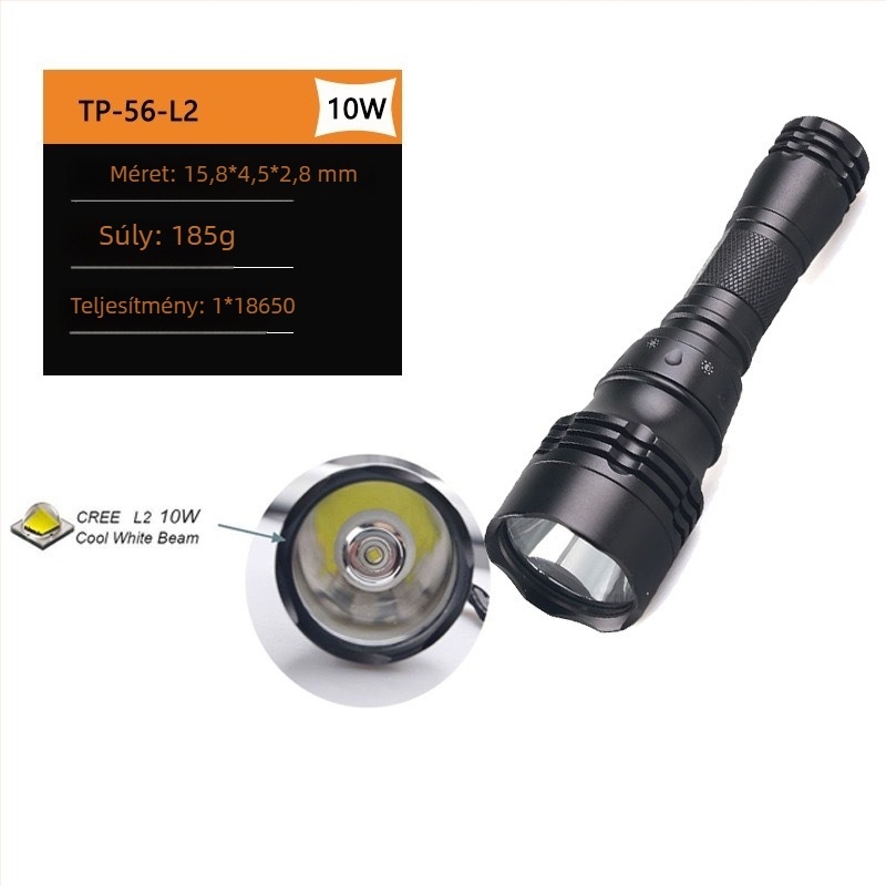 LED búvárlámpa, újratölthető, alumíniumötvözetből készült test, hosszú üzemidő