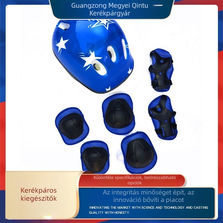 Gyerekeknek szóló 7 részes védőfelszerelés-készlet: sisak, térd- és csuklóvédők, görkorizáshoz, korcsolyázáshoz, gördeszkázáshoz és egyensúlyos kerékpárhoz.