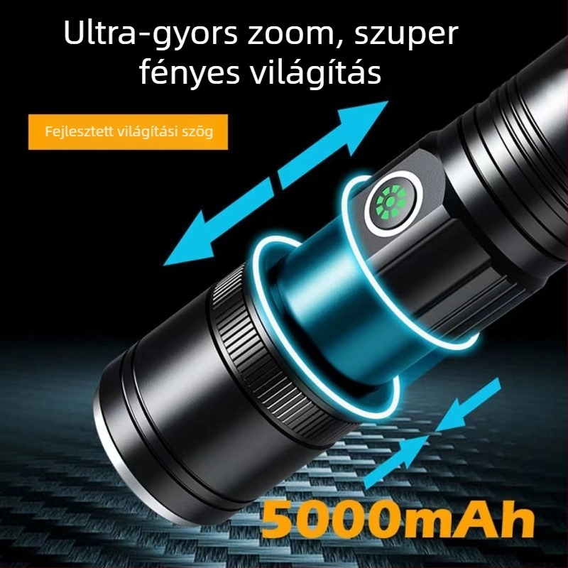 Lézeres zseblámpa fókuszálással, 200–500 m hatótáv, 20 W, alumíniumötvözet test, USB töltés