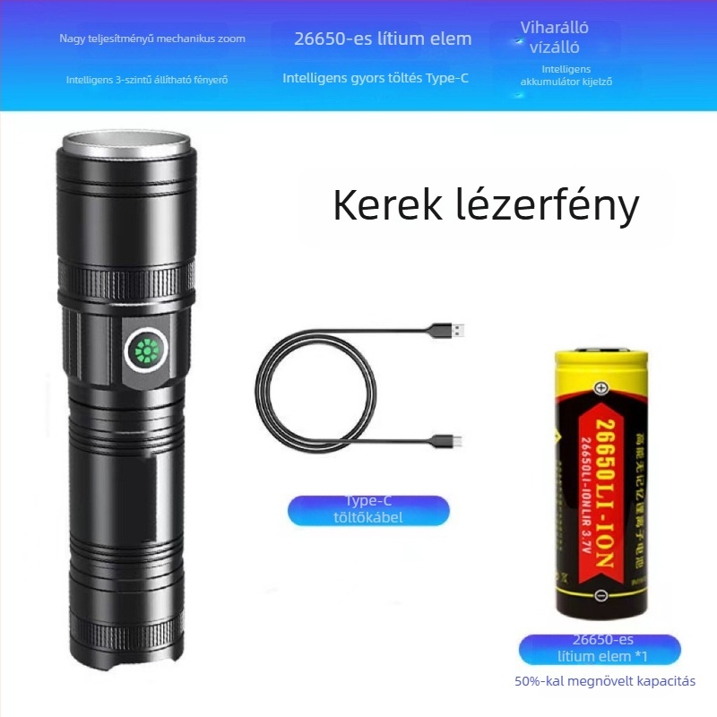 Lézeres zseblámpa fókuszálással, 200–500 m hatótáv, 20 W, alumíniumötvözet test, USB töltés