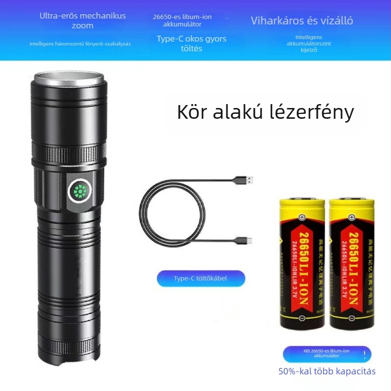 Lézeres zseblámpa fókuszálással, 200–500 m hatótáv, 20 W, alumíniumötvözet test, USB töltés