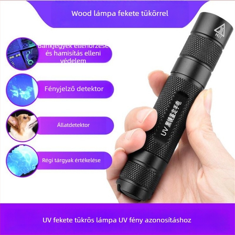 UV azonosító zseblámpa — LED, 5W, 2200mAh akkumulátor, hatótáv akár 50 m, multifunkcionális, töltő a csomagban