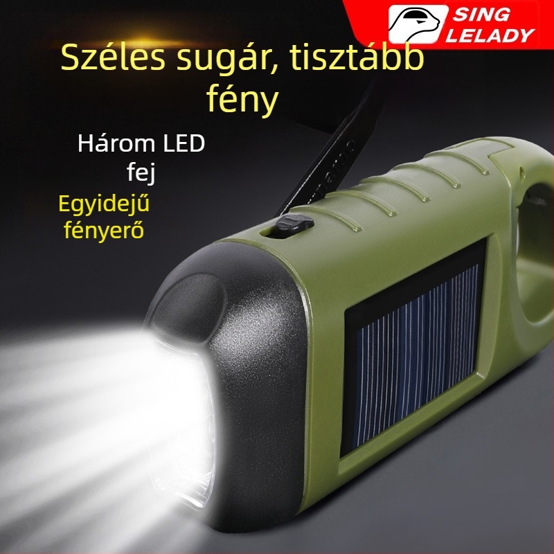Többfunkciós napelemes zseblámpa erős fénnyel, kézi hajtású töltés, vészhelyzeti áramkimaradás esetére, szabadtéri kempingezéshez és hordozható világításhoz