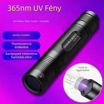 365 nm-es UV zseblámpa bankjegyek és jad azonosítására, alumínium ötvözet test, LED fényforrás, 1200 mAh akkumulátor töltéssel és kézi forgatással, hatótávolság 200–500 m