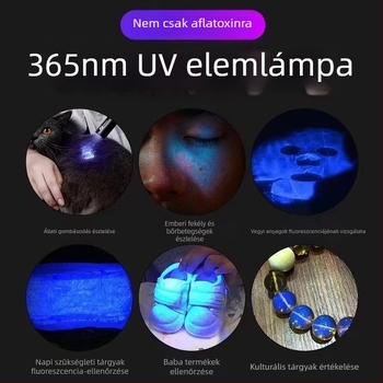365 nm-es UV zseblámpa bankjegyek és jad azonosítására, alumínium ötvözet test, LED fényforrás, 1200 mAh akkumulátor töltéssel és kézi forgatással, hatótávolság 200–500 m