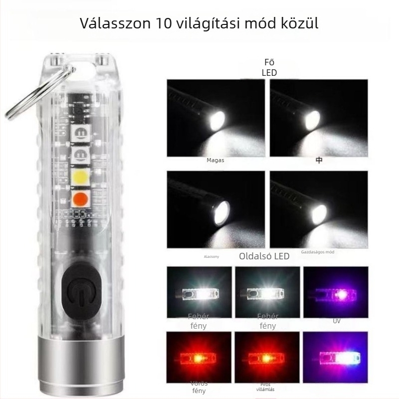 Kompakt LED zseblámpa kulcstartóval és mágneses rögzítéssel, alumínium-ötvözet + PC, USB töltés, 50 m hatótáv, modell T18
