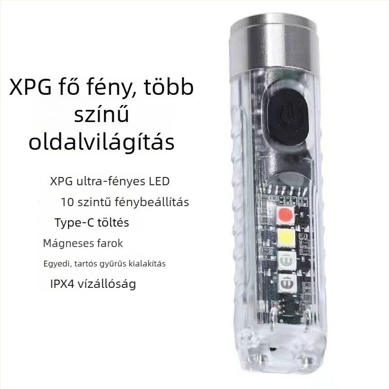 Kompakt LED zseblámpa kulcstartóval és mágneses rögzítéssel, alumínium-ötvözet + PC, USB töltés, 50 m hatótáv, modell T18
