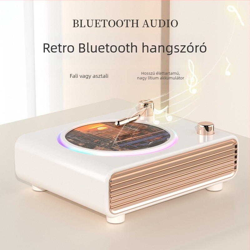 Bluetooth audio retro forgó lemezjátszóval és atmoszférikus fénnyel, vezeték nélküli töltésű hangszóró