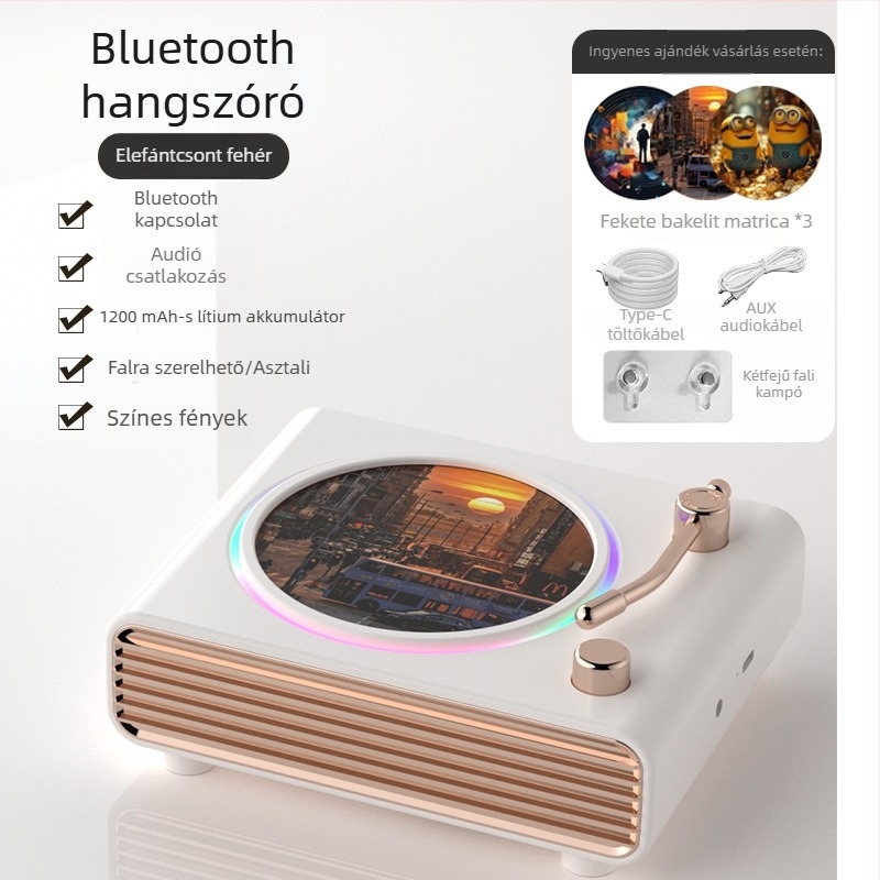 Bluetooth audio retro forgó lemezjátszóval és atmoszférikus fénnyel, vezeték nélküli töltésű hangszóró
