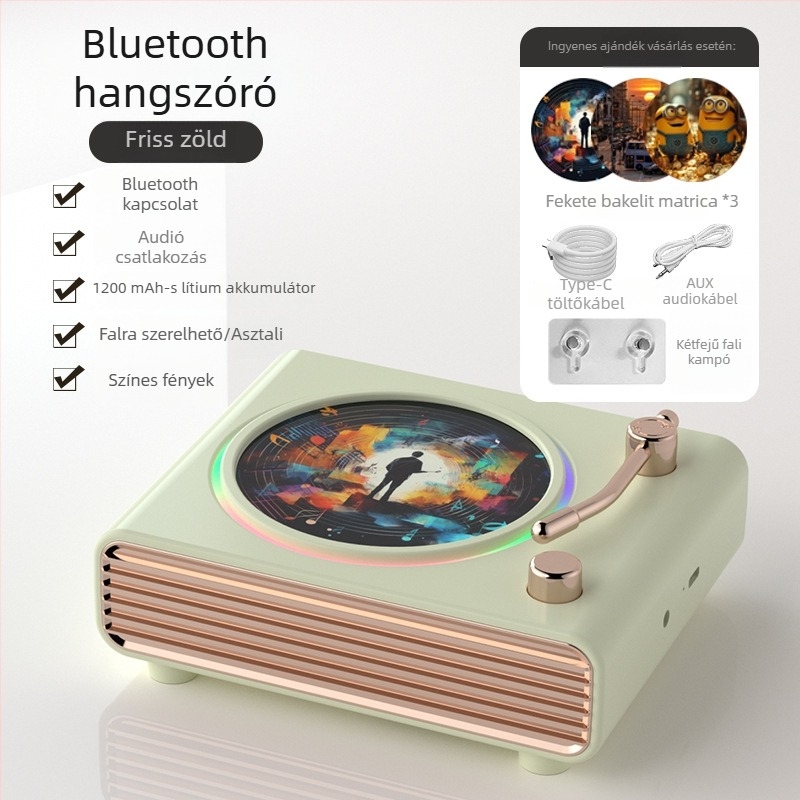 Bluetooth audio retro forgó lemezjátszóval és atmoszférikus fénnyel, vezeték nélküli töltésű hangszóró