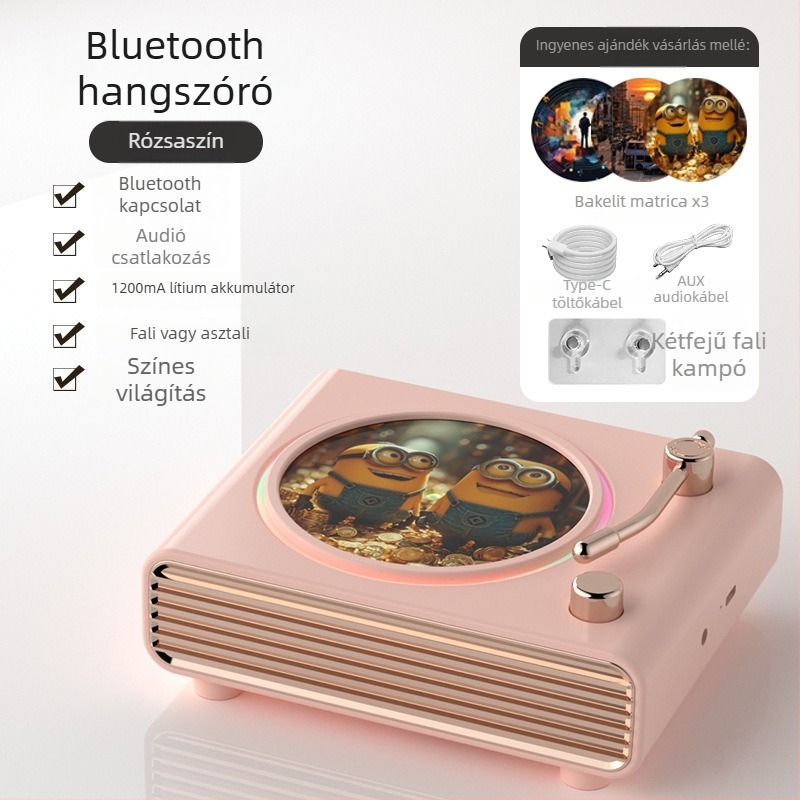 Bluetooth audio retro forgó lemezjátszóval és atmoszférikus fénnyel, vezeték nélküli töltésű hangszóró