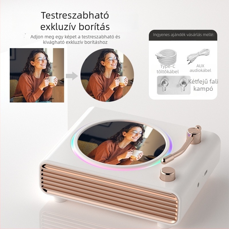 Bluetooth audio retro forgó lemezjátszóval és atmoszférikus fénnyel, vezeték nélküli töltésű hangszóró