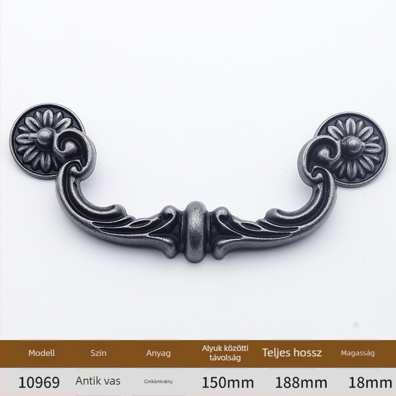 Szekrényajtó fogantyú íves kialakítású, cink ötvözet, öntés, furatok közötti távolság állítható