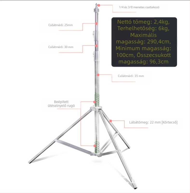 Stúdiólámpa állvány közvetítéshez 2.8 m | Alumínium ötvözet | teherbírás 6 kg | 3 részes tripod | Márka Yuer