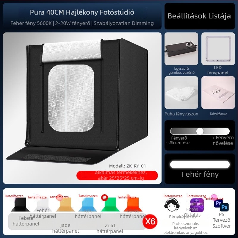 Összecsukható fotóstúdió fénydoboz, modell ZK-RY-04; anyag: blackout Oxford szövet + alumíniumfóliás visszaverő szövet; tömeg 4600 g; professzionális fotózáshoz