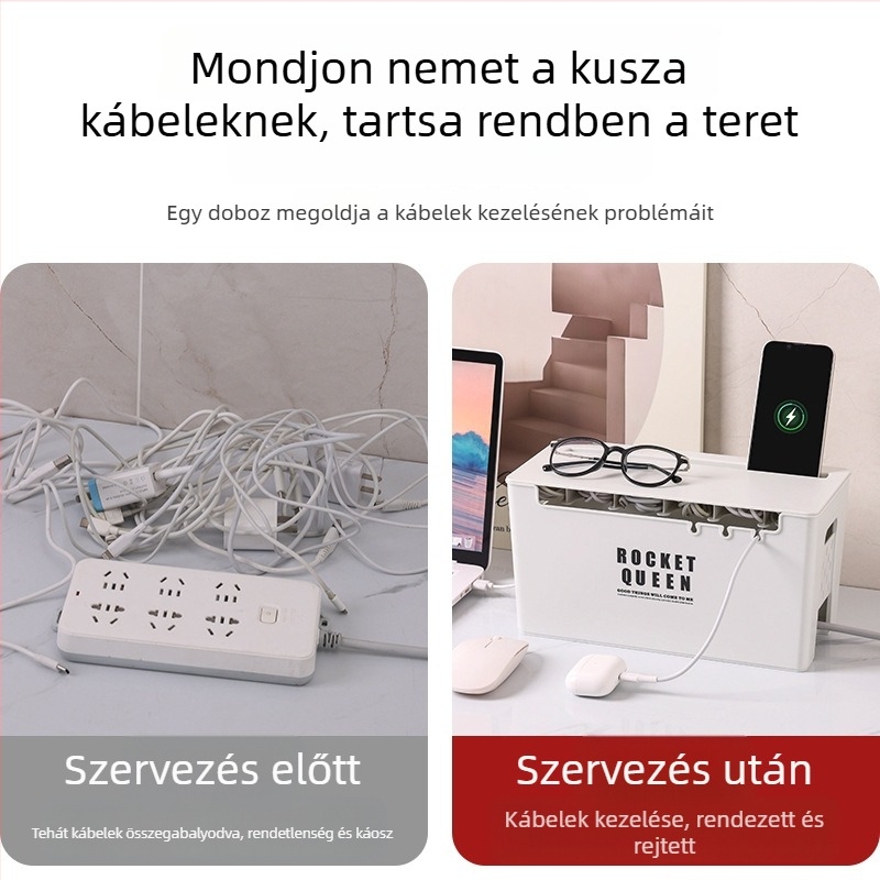 Asztali adatkábel-tároló doboz PET műanyagból, fedett, halmozható, lehajtható fedéllel, kapacitás 3