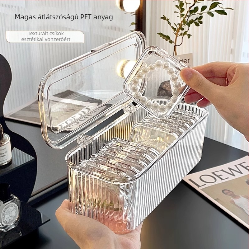 Karkötő tároló doboz – PET, átlátszó, porálló fedéllel, csíkos modern dizájn, 1 L kapacitás